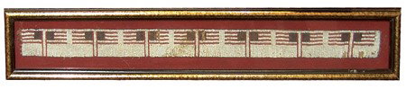 Sioux Beadwork Display: Very rare loom beaded strip with American flags with white heart beads in custom display frame. Good condition, but a few bead sections missing. Circa:Early 1800s Size:22-1/2" x 1-1/4"
