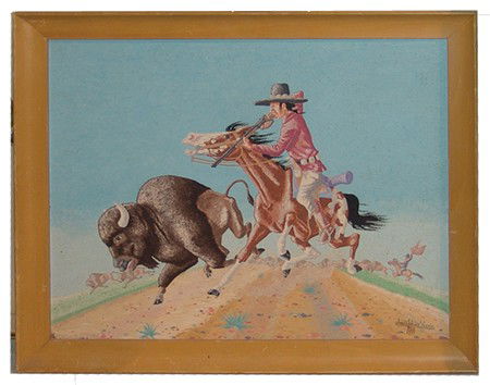 James Wayne Yazzie (1943-1969): Signed original oil on canvas board depicting a buffalo hunter. Circa:1960 Size:16" x20" (18-1/2" x 22-1/2")
