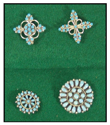 Zuni Pin/Pendant Collection: Collection of 4 fine turquoise and silver cluster and petit point pins with pendant loops. Set contains 2 crosses and 2 rosettes. All in very good condition. Circa:1970s-'80s Size:1" to 1-1/2"