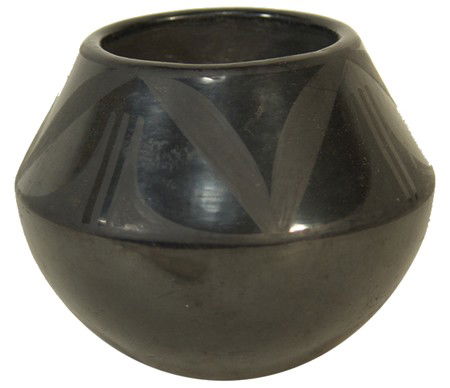 San Ildefonso Jar - Desideria Montoya Sanchez: Classic black on black shoulder jar with simple design band. Very good condition. Desideria is Maria's sister. Circa:1960s Size:4-1/4" x 5-1/2"