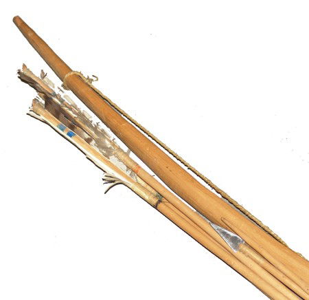 Plains Bow and Arrows: Hand carved and painted bow with 5 different types of arrows from Northern Nebraska around 1950s. Good condition. Circa:Early/Mid 1900s Size:43" Bow
