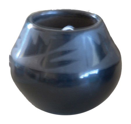 San Ildefonso Pottery Jar - Marie & Santana: More bulbous black on black jar with feather pattern. Very good condition. Circa:Mid 1900s Size:3-1/2" x 4-1/2"