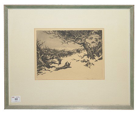 Hans Kleiber: Signed original etching "At the timber" Circa:1940s Size:8-1/2" x 10-1/2" (frame 17" x 21")