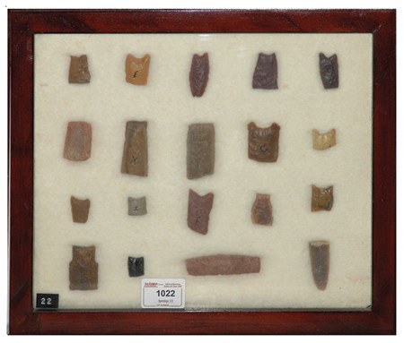 Arrowhead/Relic Collection: Framed collection of 19 assorted stone tools or arrowheads of various ages. Circa:Various Size:11" x 13" framed