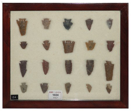 Arrowhead/Relic Collection: Framed collection of 20 assorted stone tools or arrowheads of various ages. Circa:Various Size:11" x 13" framed