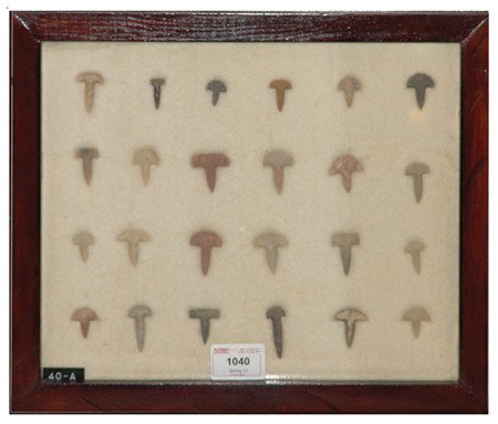 Arrowhead/Relic Collection: Framed collection of 24 assorted stone drills of various ages. Circa:Various Size:11" x 13" framed