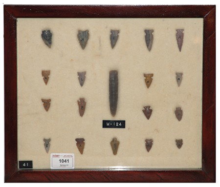 Arrowhead/Relic Collection: Framed collection of 19 assorted stone tools or arrowheads of various ages including a Yuma point. Circa:Various Size:11" x 13" framed