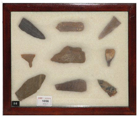 Arrowhead/Relic Collection: Framed collection of 9 assorted stone tools or arrowheads of various ages. Circa:Various Size:11" x 13" framed