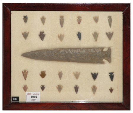 Arrowhead/Relic Collection: Framed collection of 25 assorted stone tools or arrowheads of various ages. Circa:Various Size:11" x 13" framed