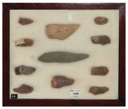 Arrowhead/Relic Collection: Framed collection of 11 assorted stone tools or arrowheads of various ages. Circa:Various Size:11" x 13" framed