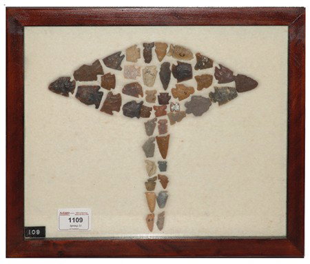 Arrowhead/Relic Collection: Framed collection of 40 assorted stone tools or arrowheads of various ages. Circa:Various Size:11" x 13" framed