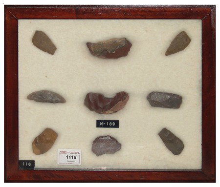 Arrowhead/Relic Collection: Framed collection of 9 assorted stone tools or arrowheads of various ages. Circa:Various Size:11" x 13" framed