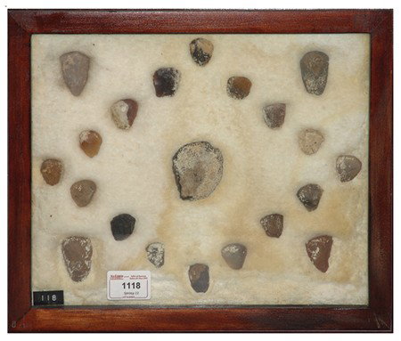 Arrowhead/Relic Collection: Framed collection of 20 assorted stone tools or arrowheads of various ages. Circa:Various Size:11" x 13" framed