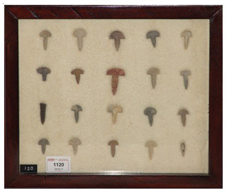 Arrowhead/Relic Collection: Framed collection of 20 assorted stone drills of various ages. Circa:Various Size:11" x 13" framed