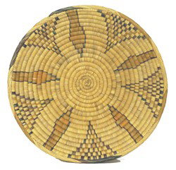 Jicarilla Basket: Beautiful extra large polychrome tray with squashblossom design. Very good condition. Circa Mid 1900s. Size 20" x 4"