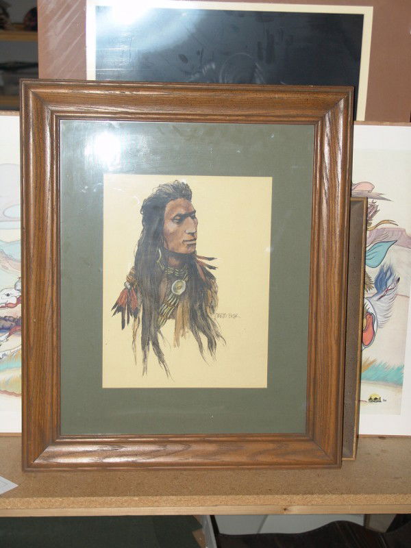 Original Charles Bear: Beautiful signed original Charles Bear pen and watercolor drawing of an Indian subject. 13-1/2" x 10-1/2" (frame 24" x 20")