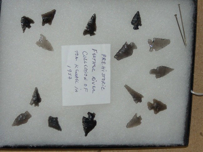 Collection of Arrowheads: Framed collection of prehistoric Feather River obsidian arrowheads. 1/2" to 1-1/8"