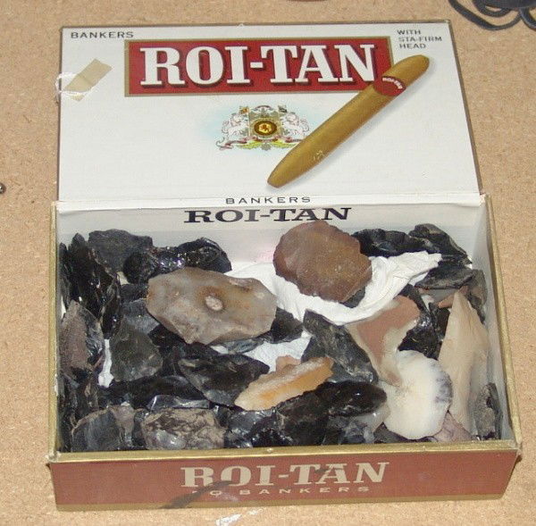 Collection of Tools: Boxed collection of excavated obsidian and stone tools. 1-1/2" to 3"