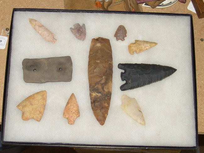 Collection of Tools: Boxed collection of excavated obsidian and stone tools. 6" x 2", 4" x 1-3/4", 3-1/2" x 2"