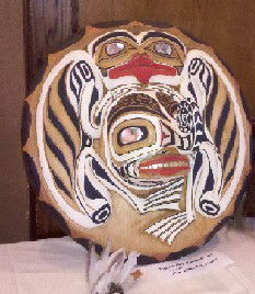Northwest Coast Mask-Tom Otterlifter Ferris: Beautiful hand carved and painted "dragonfly with frogs" flat backed cedar mask with protruding nose and abalone inlays. Very good condition, nice attention to detail. 26" x 13" Tom is the grandson of