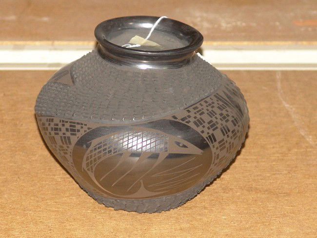 Casas Grandes Pot - Mario Olivas: Very fine Casas Grandes or Mata Ortiz black on black pot with toad skin design by Mario Olivas. 7" x 7-1/2"