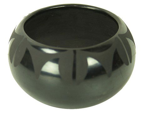 San Ildefonso Pottery Bowl- Pauline: Circa 1980s, Classic signed matte black-on-black bowl with simple repeating design. Very good condition. 2-1/2" x 4"