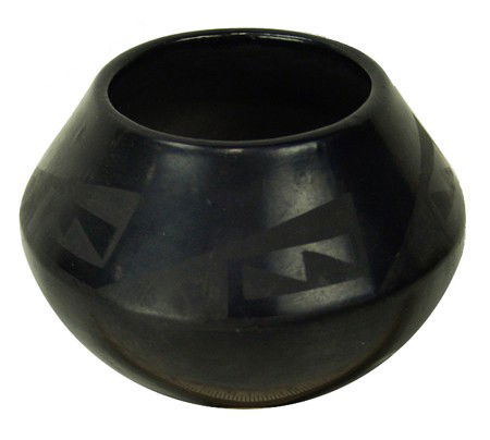 San Ildefonso Pottery- Desideria Montoya Sanchez: Circa Early-mid 1900s, Very early black-on-black pottery jar with repeating geometric motif. Very good condition. 5" x 7"