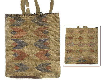 Nez Perce Corn Husk Bag: Circa Late 1800s, Rare very old hand woven 2-sided bag with chevron and diamond symbols. Fair condition, very old and used but an authentic early example, some native repairs. 9-1/2" x 8"