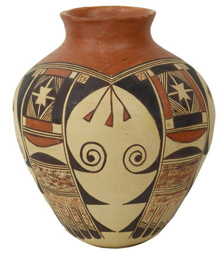 Hopi Pottery Jar- Treva James Burton: Circa Late 1900s, Beautiful tall olla with traditional polychrome design. Very good condition with a few minor blemishes. 10" x 9"