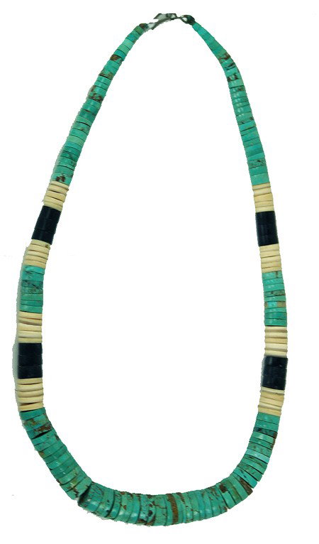 Pueblo Necklace: Circa Late 1900s, Beautiful hand honed graduated turquoise, shell, and jet bead choker. Excellent condition. 17" long