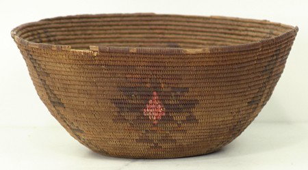 Panamint Basket: Circa Late 1800s, Very rare extra fine weave bowl with geometric motif including 2 red diamonds done with imbricated porcupine quills. This is a rare old basket, unfortunately with 2 rim breaks and so