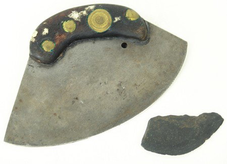 Antique Disston Ulu: Circa Early 1900s, Rare wood and brass handled large bladed ulu with maker's medallion, also a carved and polished slate blade/knife. Good condition. 5" x 8"