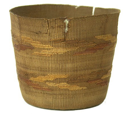 Tlingit Basket: Classic old extra fine weave cylinder basket with imbricated opposed orange and gold chevron bands. Four spots on rim split and glued, otherwise intact and in good shape. 4-1/2" x 5-1/2" Late 1800s