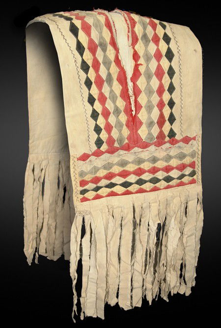 Osage Saddle Drape: Rare Calvary twill cloth saddle bag with compartment opening and traditional ribbon, cloth stitched applique design and poplin fringe. Good condition, shows use; a rare find. 42" x 14" + fringe Early-