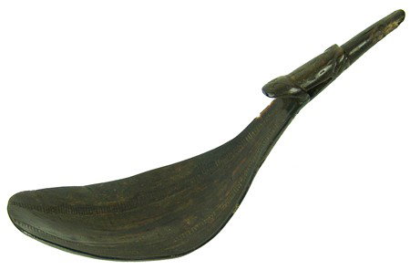 Northwest Coast Horn Spoon: Fine hand carved black horn spoon with frog effigy handle and tic marks on the bowl. Very good condition. 6" x 2" Early 1900s