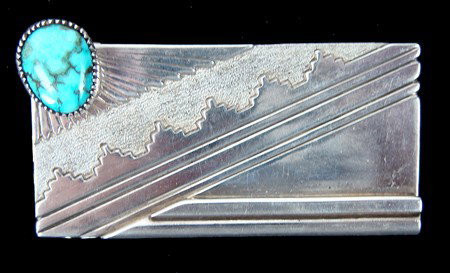 Navajo Buckle- Leonard and Marian Nez: Very fine contemporary silver buckle with Native motif overlay and single Lone Mountain turquoise stone set in a Loloma style bezel. Excellent condition. 1-1/2" x 3" 1980s