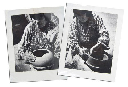 Maria Martinez Photographs: Collection of 8 black and white photographs of Maria making pottery. All in good condition, 2 with small tears on the white edges. 8" x 10" Mid 1900s