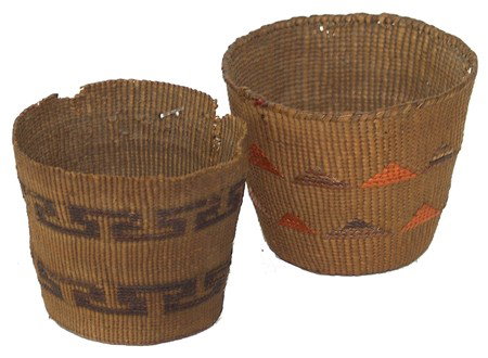 2 Tlingit Baskets: Pair of small old fine weave cylinder baskets with traditional imbricated designs on exterior. Both have some glued repairs. 3" x 4" largest . Early 1900s
