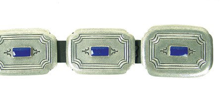 Navajo Concho Belt- Thompson Piaso: Circa 1998, Beautiful tufacast all silver rectangular concho belt set with matching deep blue lapis lazule stones. Excellent condition. Retail $3600.00, with 1998 Santa Fe Indian market award. 34-44" 