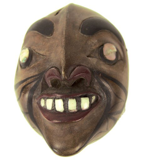 Miniature Northwest Coast Mask- Rich La Valle: Circa 1980s, Fine hand carved and painted wooden maskette with inlaid abalone eyes and ivory teeth. Very good condition, signed. 4" x 3" x 2-1/2" From the Burks Collection.