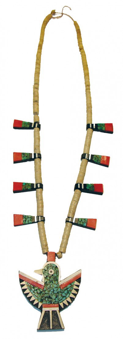 Heshi Necklace: Circa Early/Mid 1900s, Santo Domingo Thunderbird pendant on shell Heshi with mosaic turquoise side pendants all backed with old auto battery casing. 23" long, 2-3/4" pendant