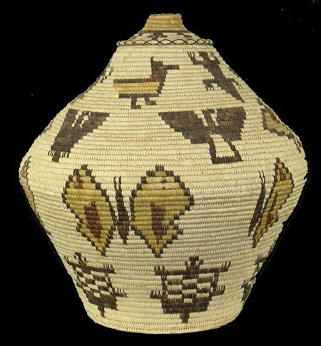 Huge Papago Storage Basket: Circa 1980s, Beautiful very large lidded polychrome storage basket with squirrels, eagles, butterflies, moths, lizards and other fantastic figures. Ex: Frank Curley collection. 27" x 25" From the Mill