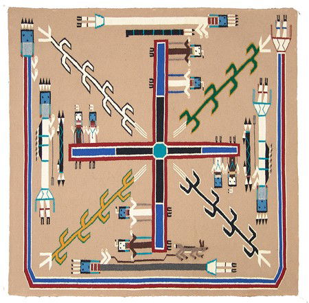 Navajo Rug/Weaving - Lucile Benally: Circa 1980, Choice sand painting rug from Teec Nos Pos. Extra tight weave with natural and analine dyed wool with multi-design elements. An actual copy of a sacred sand painting with provenance. 4' x