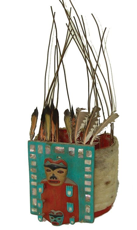 Haida Headdress with Frontlet: Circa Early/Mid 1900s, Rare complete headdress with carved and inlaid frontlet, seal fur crown, and protruding copper wire crown. Very good condition. 19" x 7-1/2" diameter From the Johnson Collection