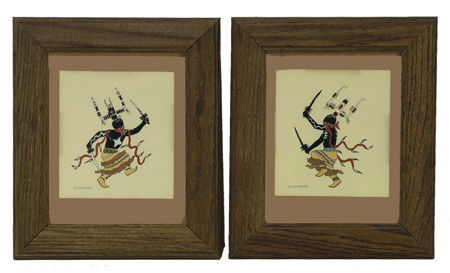 Allan Houser, Apache (1914-1994): Circa 1970s, Well executed graphic depicting pair of "Gan Dancers". Matted and framed. 7" x 6-1/2" (13-1/2" x 11-1/2")