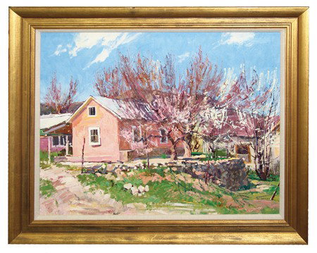 Walt Gonske (b-1942): Circa 1980s, Signed original oil on canvas "Dixon, NM in April." Very good condition. 25" x 31" (33" x 39")
