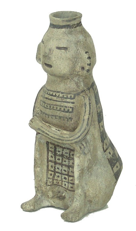 Anasazi Pottery Effigy: Circa Prehistoric, Very rare Reserve black-on-white human figure with crossed arms, exaggerated posterior, protruding phallus and simple facial features. Ex: Foster Museum collection. Excellent condit