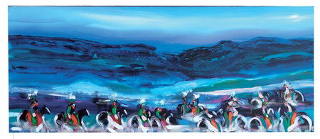 Pablo Antonio Milan (b-1961): Circa Late 1900s, Signed original oil on canvas of stylized horsemen. 32" x 80"