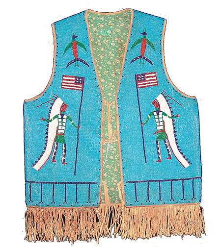 Plains Beaded Vest: Circa Mid/Late 1900s, Fantastic fully beaded (using lazy stitch) mans vest with many rare figures including chiefs, warriors, birds, deer, and American flags. Very good condition, shows some wear. Men