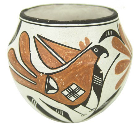 Acoma Pottery Jar- Lucy M. Lewis: Circa 1970s, Colorful polychrome parrot jar, same as above. Very good condition, minor dings on paint. 4" x 4-1/4"